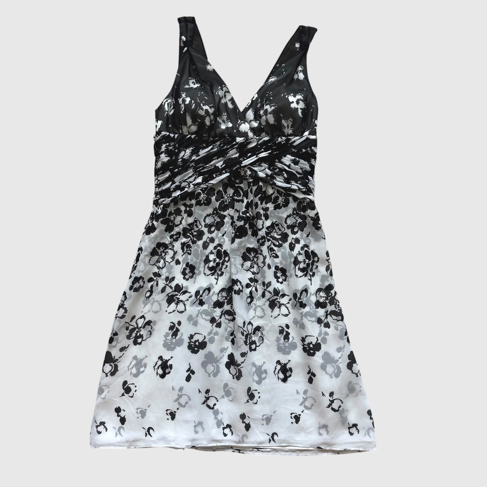 WHBM Floral Ruched V-Neck Dress Black White Sz 10 Chiffon Party Monochrome